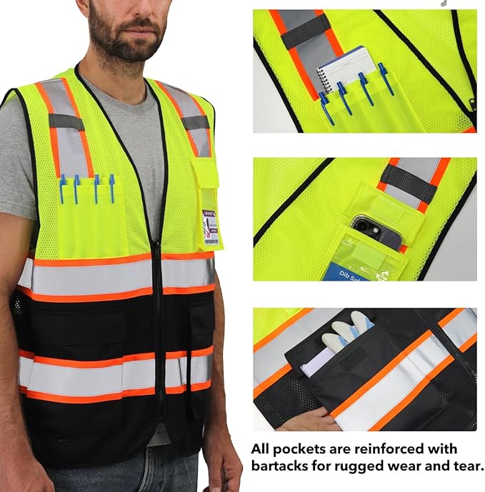 Dib Safety Reflective Mesh Vest High Visibility Two Tone with Pockets and Zipper, Yellow and Black Mesh with Orange Trim 3XL