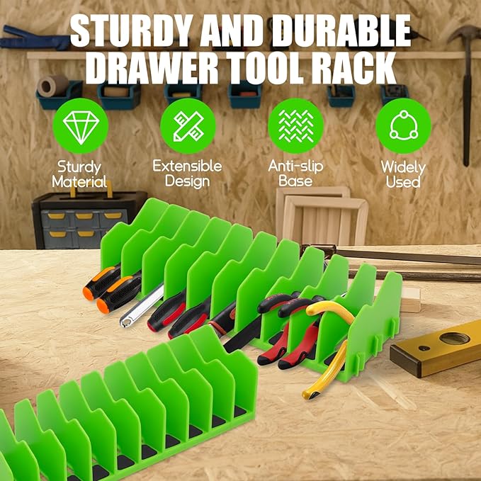 2 Pack Plier Orgainzer for Drawers, Tool Organizer Rack with Extendable Design & Non-Slip Rubber Base, Fits 3" H, 20 Slots Drawer Storage for Pliers, Wrenches, Screwdrivers and More,Green