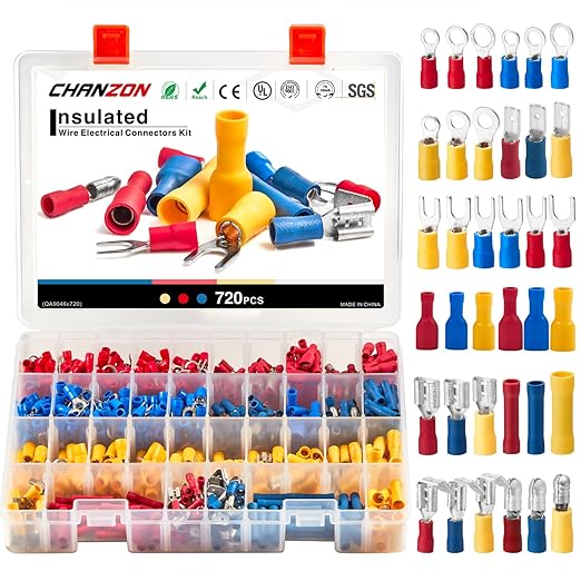 Chanzon Insulated Crimp Connector Wire Terminal Kit Contains (Butt Splice, Male & Female Spade, Fork, Ring Terminals) Solderless Assorted Electrical Crimping Tools(720pcs