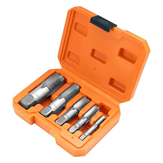 HFS(R) 5PCS NPT Pipe Tap Set ，1/8", 1/4", 3/8", 1/2" and 3/4", with Plastic Case for for Accurate Threads, Assorted Plumbers Mechanics DIY Thread Cutting Tools