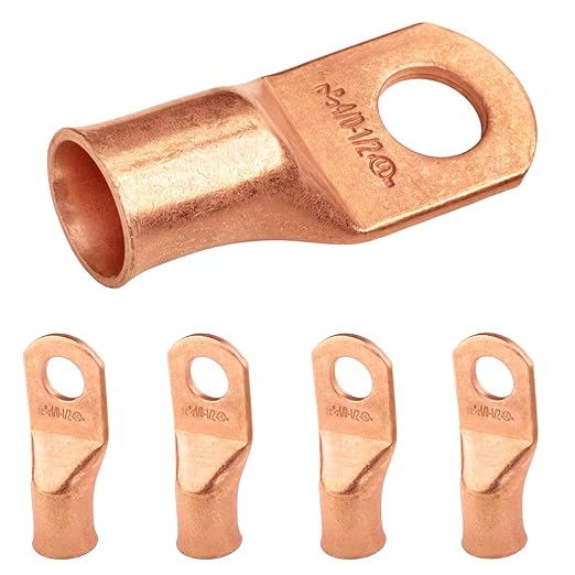 SELTERM 5pcs 4/0 AWG 1/2" Stud Copper Wire Lugs, Ring Terminals, Battery Cable Ends, 0000 Gauge Ring Terminal Connectors, UL Heavy Duty Bare Copper Eyelets Battery Terminal Connectors
