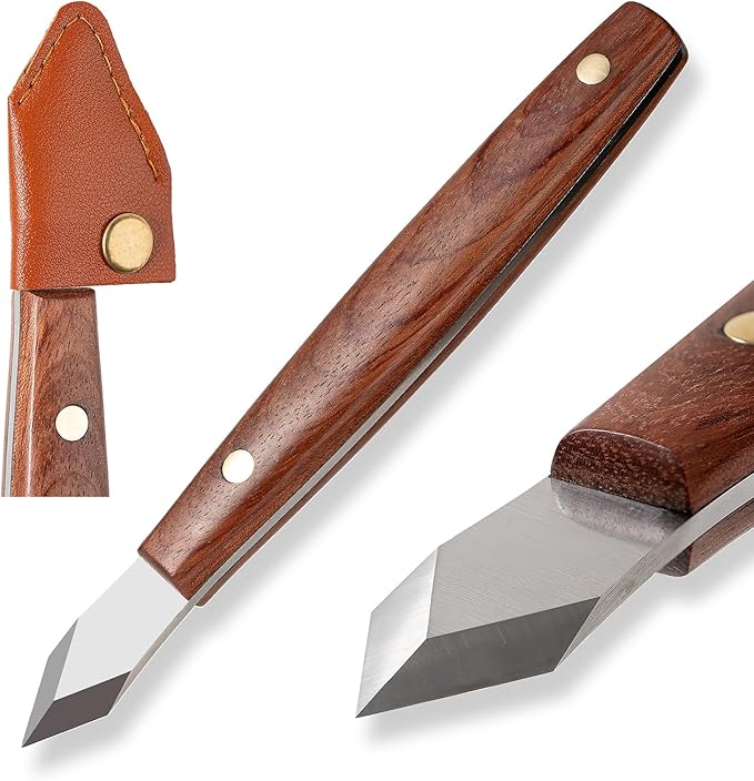 Marking Knife Woodworking Heavy Duty Scribing Gauge Knife Leather Sheath Carbon Steel Double Beveled Blade Striking Knife Wooden Handle Scribe Carving Tool Fathers Day Mens Woodworking Birthday Gift