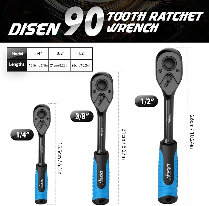 DISEN 3pcs Black Ratchet Set (1/2", 3/8", 1/4" Drive) - 90-Tooth Reversible with Non-Slip Rubber Grip, Quick Release & EVA Tray - Professional Ratchet Wrench Handle Kit