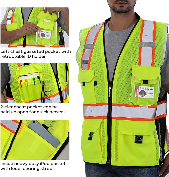 Neopelta Reflective Safety Vest Yellow Mesh, Made with 3M Reflective Tape, Heavy Duty Vest with ID pocket, Padded Neck, Yellow XL