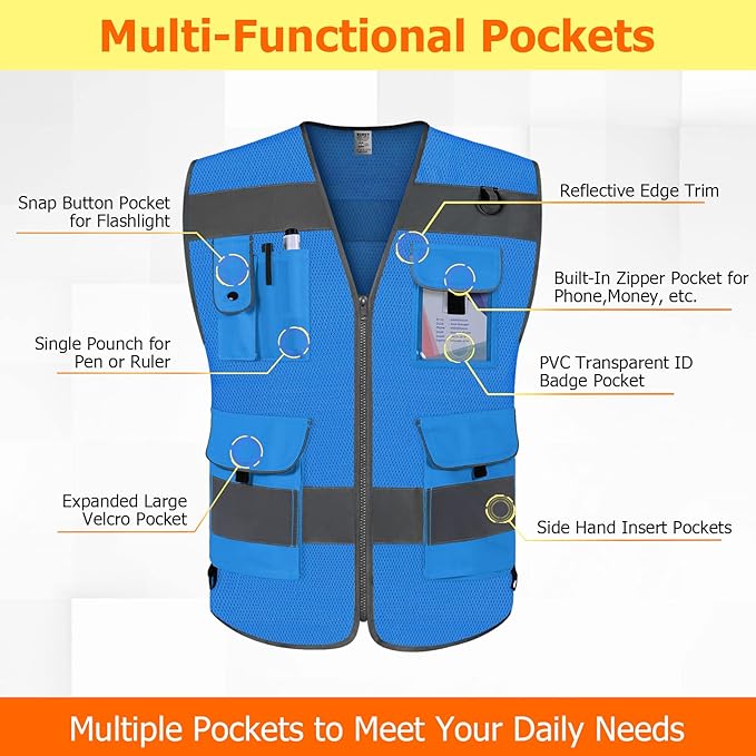 TCCFCCT Mesh Hi Vis Vest 9 Pockets High Visibility Reflective Safety Vest for Men Women, Safety Construction Vest with Reflective Strips, Meets ANSI/ISEA Standards, (Blue, Medium)