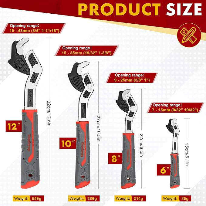 Self Adjusting Pipe Wrench Set - Multifunctional Locking 6 8 10 12 Inch Chromium Vanadium Steel Rapid Wrench for Car, Plumbing Repairs