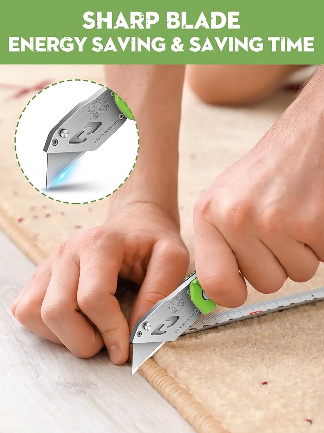 Utility Knife, BIBURY Upgraded Version Heavy Duty Box Cutter, Pocket Carpet knife with 10 Replaceable SK5 Stainless Steel Blades, Belt Clip, Easy Release Button, Quick Change and Safety Lock-Green