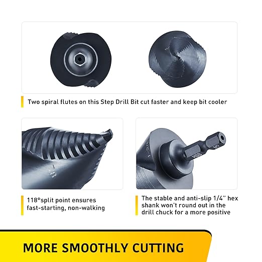 3 Sizes M2 Quick Change Step Drill Bit, 7/8", 1-1/8", 1-3/8" Black Cone Drill Bits for Steel Metal Sheet Hole Drilling Cutting, Multiple Hole Sprial Unibit, Stepped Up Bits Home Tools