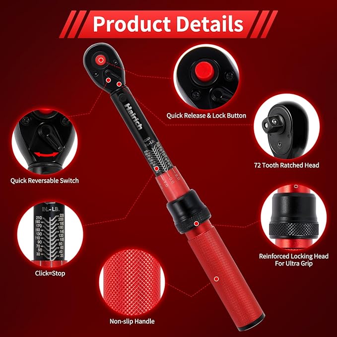 1/4-Inch Drive Torque Wrench Set,2.3-24.9 N.M/20-220IN.LB, Bike Torque Wrench Set,30PCS Click Torque Wrenches with 1/4 Ratchet Wrench, Extension Bar, Sockets for Bicycle
