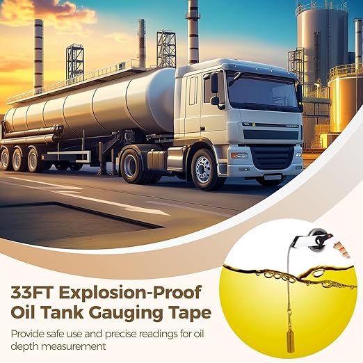 33FT/10m Oil Tank Gauging Tape, Explosion-Proof Stainless Steel Oil Gauging Tape with Brass Plumb Bob, Double-Sided Engraved Oil Tank Gauge with Handle, Sounding Oil Tape Measure