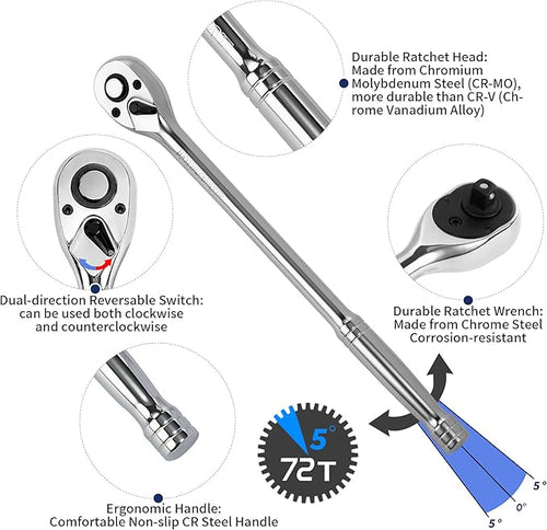 1/2-Inch Drive Ratchet Wrench, 1/2 Ratchet Wrench Long Handle, Socket Wrench, 72-Tooth Quick-release Reversible Cr-Mo Head, Chrome Steel Made - 20''51cm