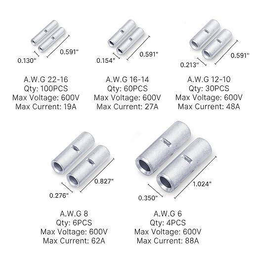 Kuject 200PCS Non Insulated Butt Connectors Kit, Uninsulated Wiring Crimps Terminals for AWG 22-16, 16-14, 12-10, 8, 6, Tinned Pure Copper Wire Butt Splice Connectors for Electrical DIY