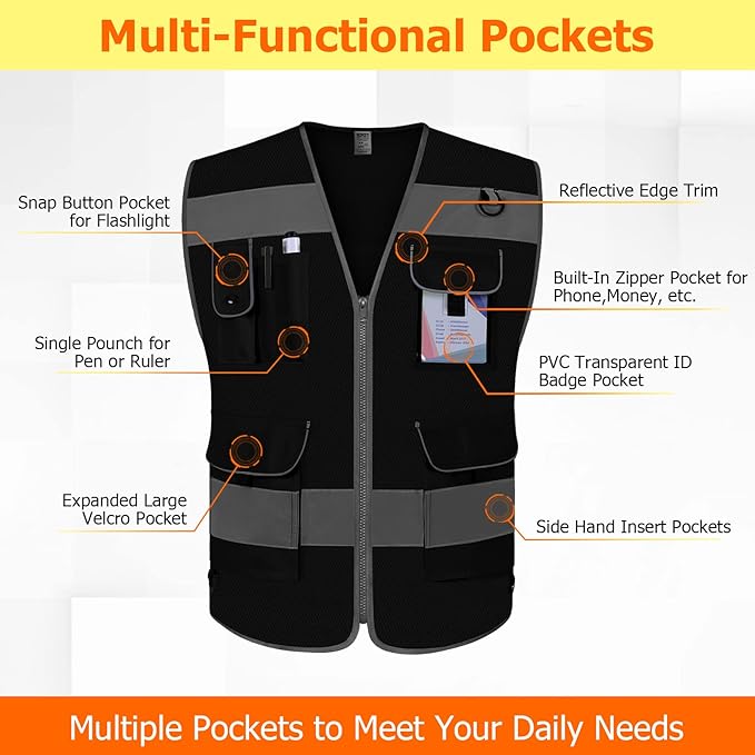 TCCFCCT Mesh Safety Vest for Men Women, 9 Pockets High Visibility Reflective Vest for Safety, Work Vest with Reflective Strips, Meets ANSI/ISEA Standards, (Black, X-Large)