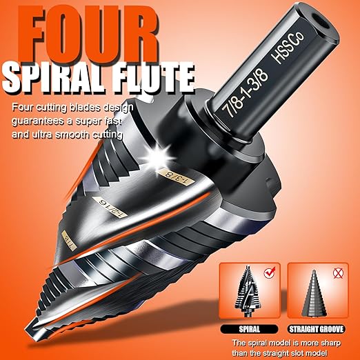 Four Spiral Flute Step Drill Bit for Metal,M35 Cobalt Unibit Step Drill Bit Set 1/4" - 1-3/8"(19 Sizes),Wear-Resistant AlTiN Coated,3/8" Hex Shank for Metal, Stainless Steel, Aluminum, Plastic