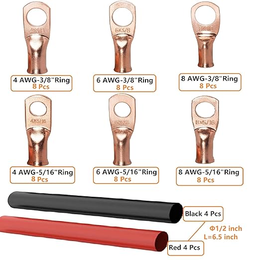 SVAAR 4 6 8 AWG Battery Lug Heavy Duty Battery Cable Ends, 4 6 8 Gauge UL Listed Cable Lug with 5/16" and 3/8" Ring Terminal,Bare Copper Crimp Connectors Wire Lug + Heat Shrink Tube