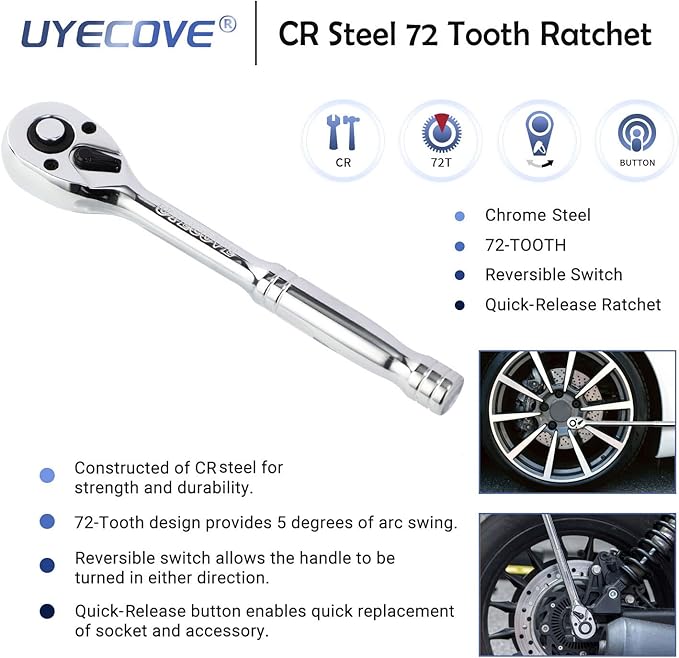 Long Ratchet Wrench Set, 1/4", 3/8", 1/2" Drive Long Handle Ratchet 3pcs Set, 72-Tooth Reversible Quick-Release, CR Steel and CR-MO Head, with EVA Storage Tray