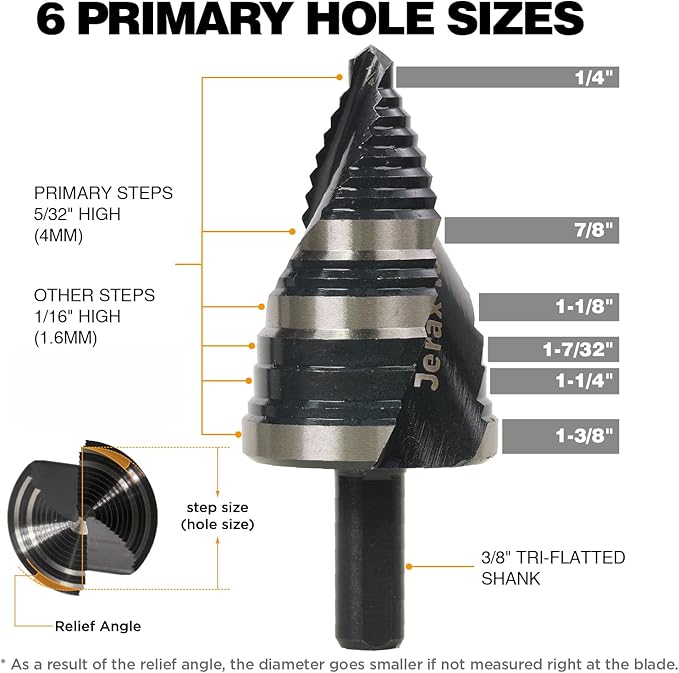 1/4 to 1-3/8 Inch Step Drill Bit Spiral Grooved Double Fluted, M2 High Speed Steel Drill bits for Hole Drilling in Stainless Steel, Copper, Aluminum, Wood, Plastic