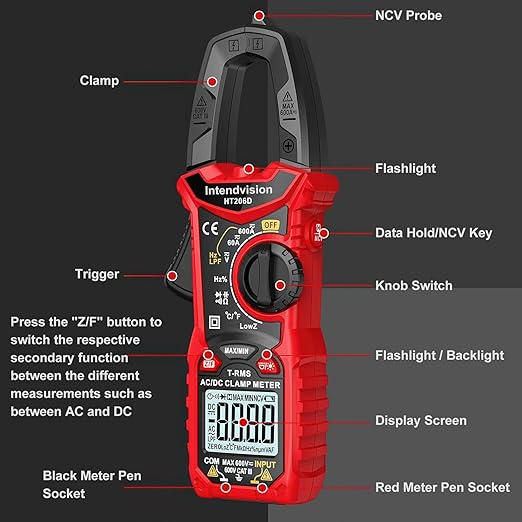 Intendvision Digital Clamp Meter T-RMS 6000 Counts, Amp Clamp Voltage Tester Auto-ranging, NCV AC DC Current Voltage Resistance Capacitance Frequency Diode Temperature Measure Tester HT206D