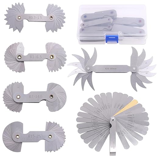 Tanstic 6Pcs Stainless Steel Feeler Gauge and Radius Gauge Set, 5Pcs R0.3-1.5/ R1-6.5/ R7-14.5/ R15-25/ R25-50 Radius Fillet Gauge with 32 Blades 0.04-0.88 mm Metric and Imperial Gap Measuring Tool