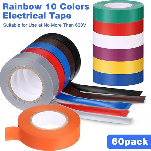 Qilery 60 Pack Electrical Tape Waterproof 3/4 in x 65 ft Electric Wire Tape for Any Weather Under 600v Home Outdoor Insulating Wire Wrapping(Multi Colors)