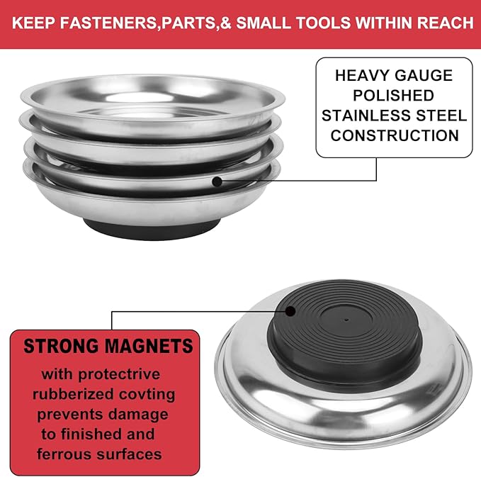 5 PCS 6 Inch Round Magnetic Parts Trays, Stainless steel 6 Inch Magnetic Tray, Magnetic Parts Tray, by GENHAKON