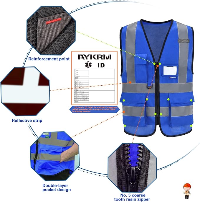 A-SAFETY Blue Safety Vest Reflective Work Vest,Hi Vis Bright Neon Color with 4 Reflective Strips 7 Pockets,Small