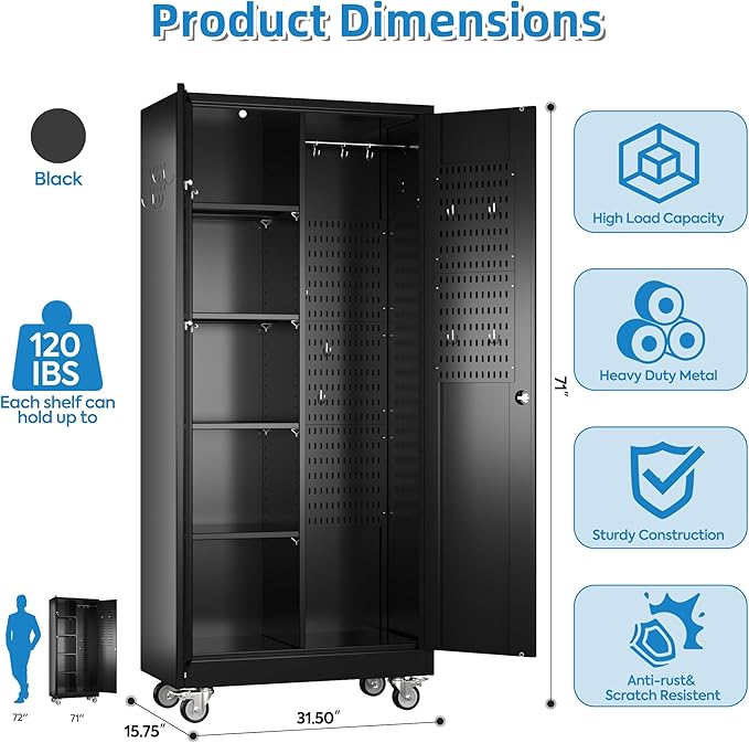 Garage Storage Cabinet with Wheels, Metal Tool Cabinet with Pegboards and 4 Adjustable Shelves, Garage Storage System with Lockable Door for Shools, Offices, Gyms and Pantries, Black