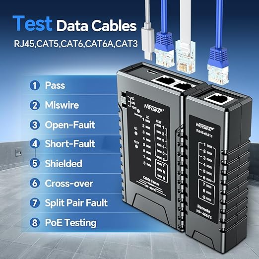 NOYAFA Rechargeable Network Cable Tester with RJ45 Crimp Tool, RJ11 RJ45 CAT5 CAT6 CAT7 Ethernet Cable Tester POE Tester, Continuity Tester Cable Toner Network Tools Kit with Crimper Stripper Cutter