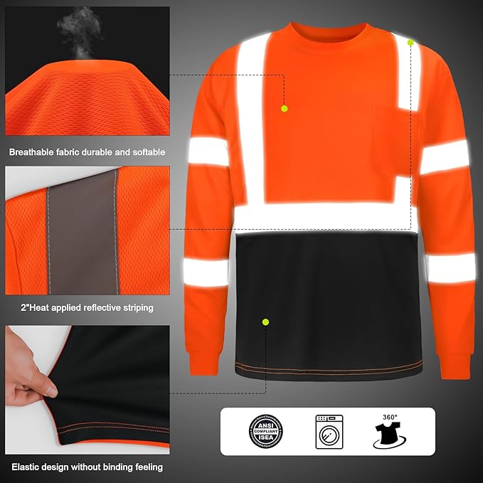High Visibility Class 3 T Shirts，Hi Vis Safety Shirts with Reflective Strips and Pocket, Long Sleeve Quick Dry Mesh Construction Work Shirt for Men/Women Black Bottom Orange,6XL