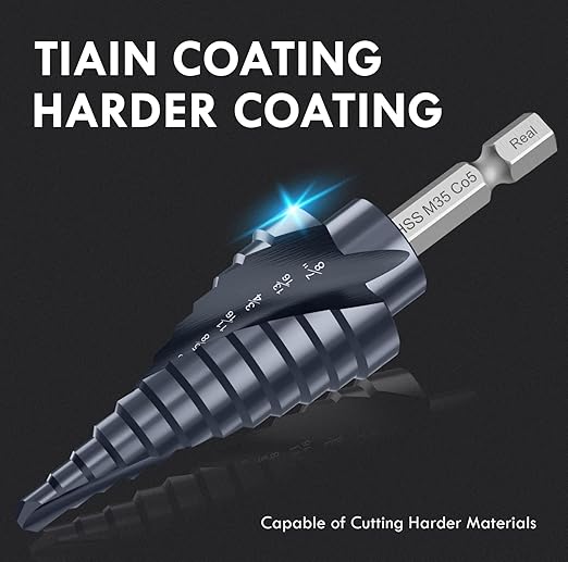 Upgrade M35 Cobalt Step Drill Bit with Ultra TiAIN Coating, 3/16"-7/8" Unibit Step Bit with Double Sprial Flute, 1/4" Hex Shank Drill Bit for Metal, Stainless Steel, Aluminum, Copper, Wood