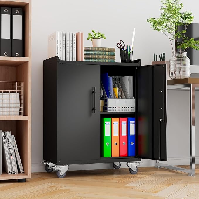 Storage Cabinet with Wheels,Locking Storage Cabinet with Drawer and Adjustable Shelf, Metal Cabinet,Rolling Tool Cabinets for Garage, Assembly Required (18.1" D x 30.3" W x 35.4" H)