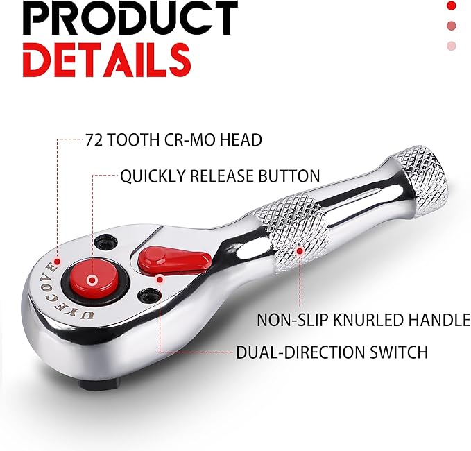 Ratchet Set 3PCs-1/4 Drive Ratchet, 3/8" Drive Ratchet, 1/2" Drive Ratchet, Ratchet Set-Colorful Stubby Ratchet Wrench Set 72-Tooth Small Ratchet Set with IXPE Storage Tray