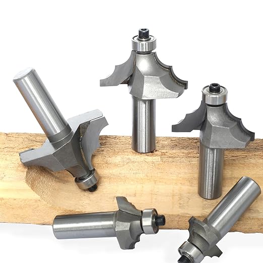 5Pcs Bearing Guided Bead Ovolo Bit Set,1/2" Shank Double Ribbed Ovolo Bits with Twin Arc,Rounding Over Radius 1/8”,5/32",9/32",5/16" and 3/8" for Wood Edging,Profiling,Molding