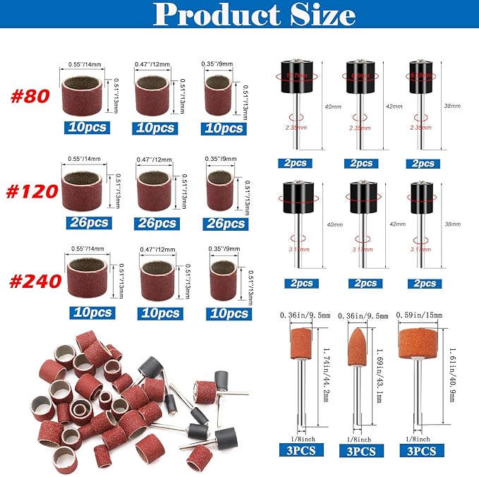 Tnisesm 159Pcs Sanding Drum Set for Dremel Rotary Tools-Includes 138 Aluminum Oxide Drum Sander Sanding Sleeves (80,120,240 Grit),12 Drum Mandrels and 9 Sanding Bits,Sanding Bits Tool Accessories
