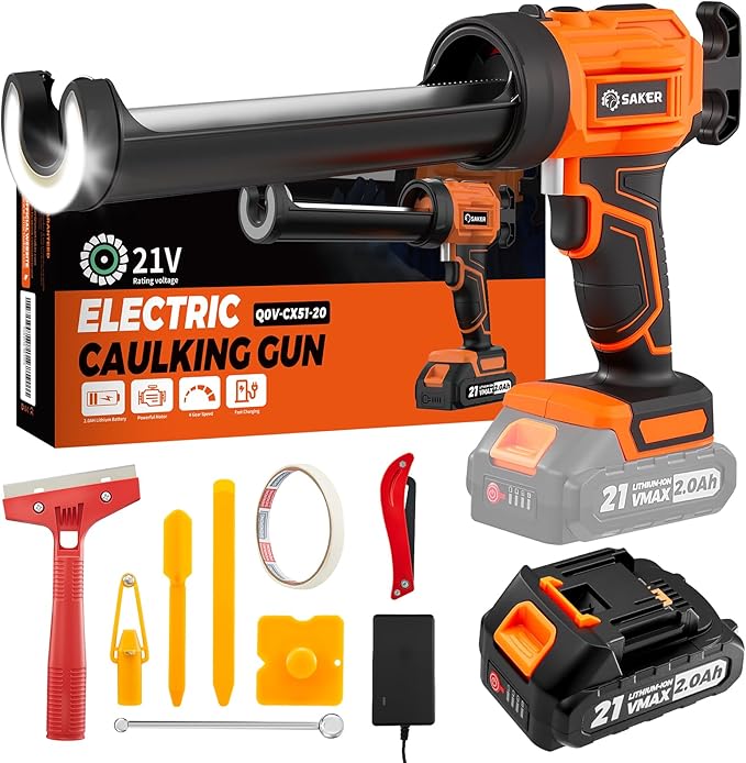Saker Electric Caulking Gun Cordless Caulk Gun Drip-free with Silicone Caulking Tools 4 Adjustable Speeds with LED Light for Filling, Sealing 1 Batteries