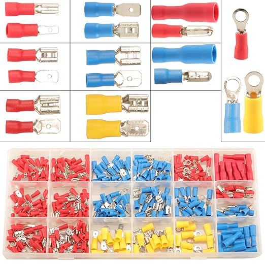350pcs 19 Types Crimp Connectors, 2.8mm, 4.8mm, 6.3mm Male and Female Spade Terminals, Copper, Red, Blue, Yellow