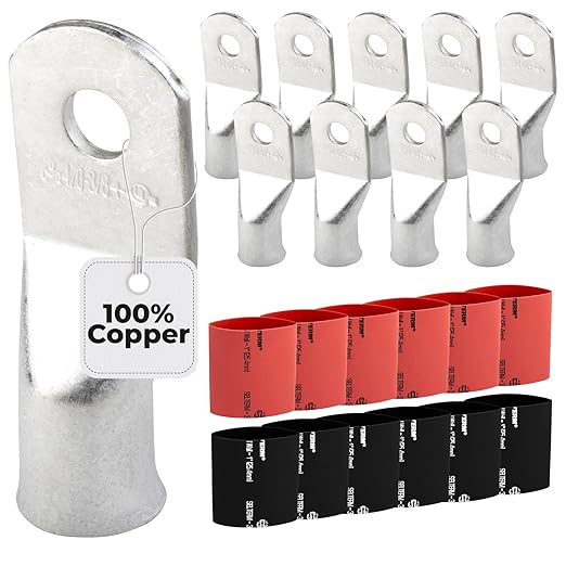 SELTERM 10pcs - 4 Awg (XL) 3/8" Stud Battery Lugs - Ring Terminal Connectors with 12pcs 3:1 Black & Red Heat Shrink Tubing with Adhesive, Heavy Duty Battery Cable Ends - Tinned Copper Wire Lugs Kit