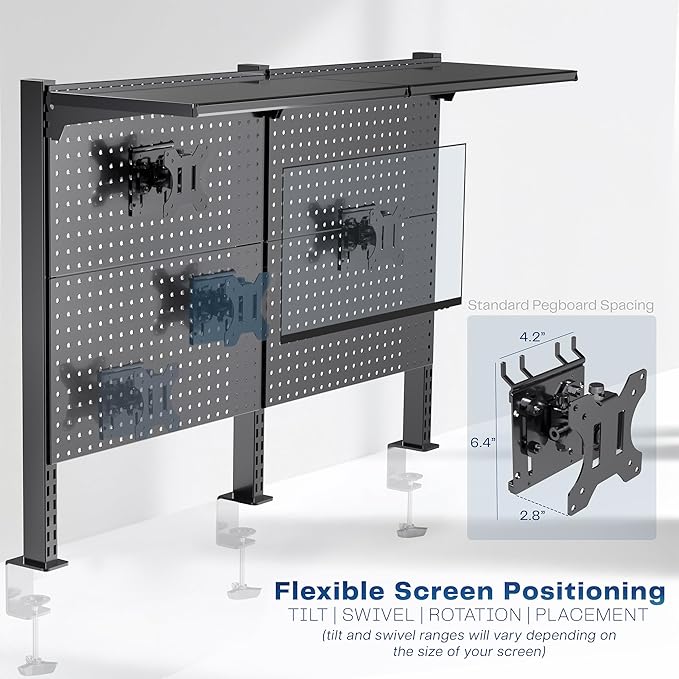 VIVO Steel Triple Clamp 47 x 31 inch Desk Pegboard System with 2 Monitor Mounts and Storage Shelf, Fits up to 32 inch Screens, Office Accessory Organizer, Black, PP-DK48SB