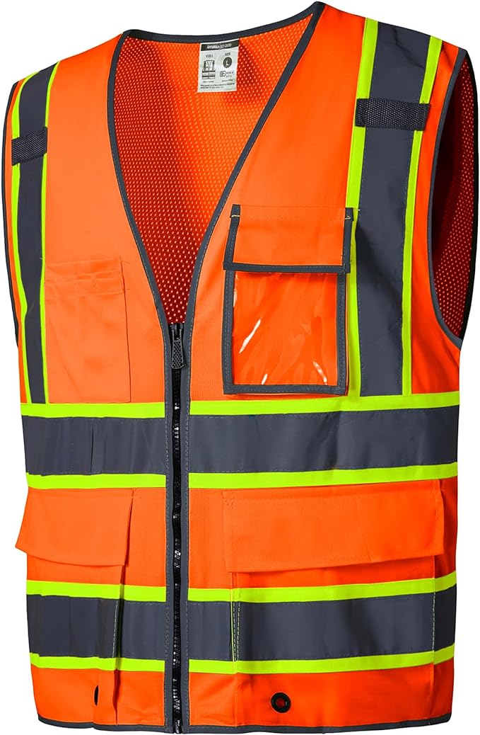 SKSAFETY 10 Pockets Safety Vest, Class 2 High Visibility Security with Zipper Back Mesh, Hi Vis Vest with Reflective Strips, ANSI/ISEA Standard, Construction Work Vest for Men ＆ Women （Orange, 5XL）