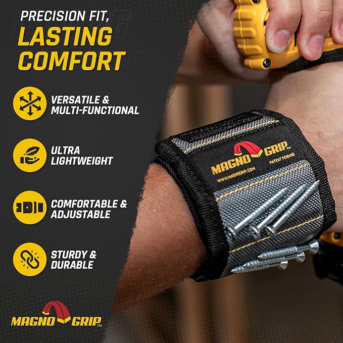 MagnoGrip Magnetic Wristband for Holding Screws, Nails, Drill Bits, Super Strong Magnets, Adjustable Strap, Essential Tool for DIYers, Handyman, Mechanics, Construction & Home Improvement - Platinum