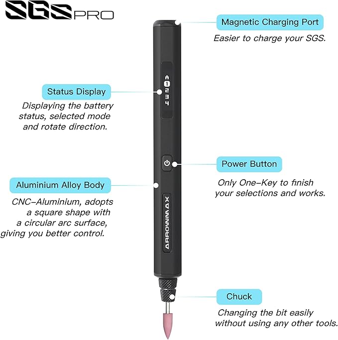 AM ARROWMAX Mini Engraving Pen with 42 Bits, Aluminum Case & Tool Bag-Smart Motion Control, APP & OLED Display, Magnetic Charger, Engraving Pen for Metal/Wood/Glass/Plastic, SGS PRO Plus (Black)