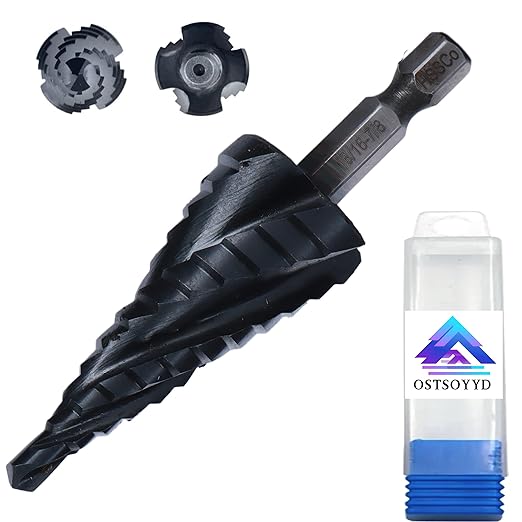 M35 Cobalt Step Drill Bit,Four Spiral Flute Step Drill Bit 3/16"-7/8" （12 Sizes ） Wear-Resistant TiAlN Coated,1/4" Hex Shank Drill for Metal, Stainless Steel, Aluminum, Plastic