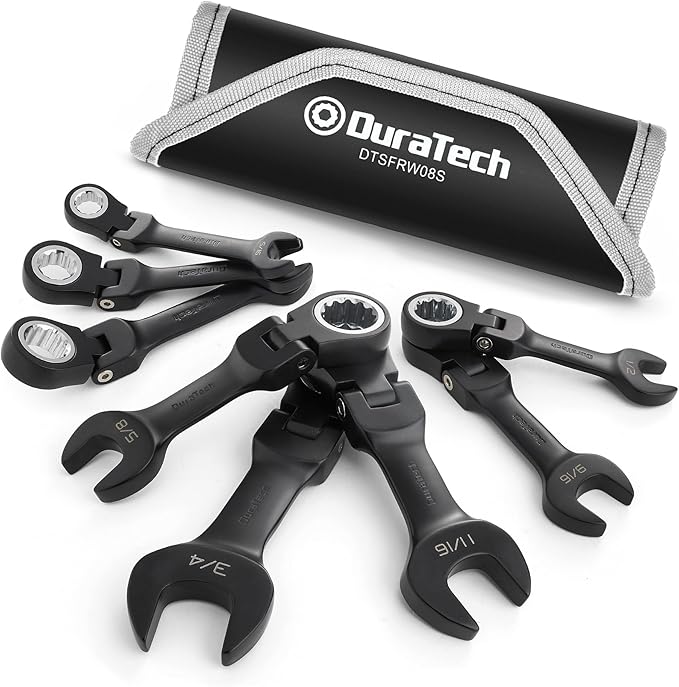 DURATECH Stubby Flex-head Ratcheting Combination Wrench Set, SAE, 8-piece, 5/16" to 3/4", CR-V Steel, Black Electrophoretic Coating, with Rolling Pouch