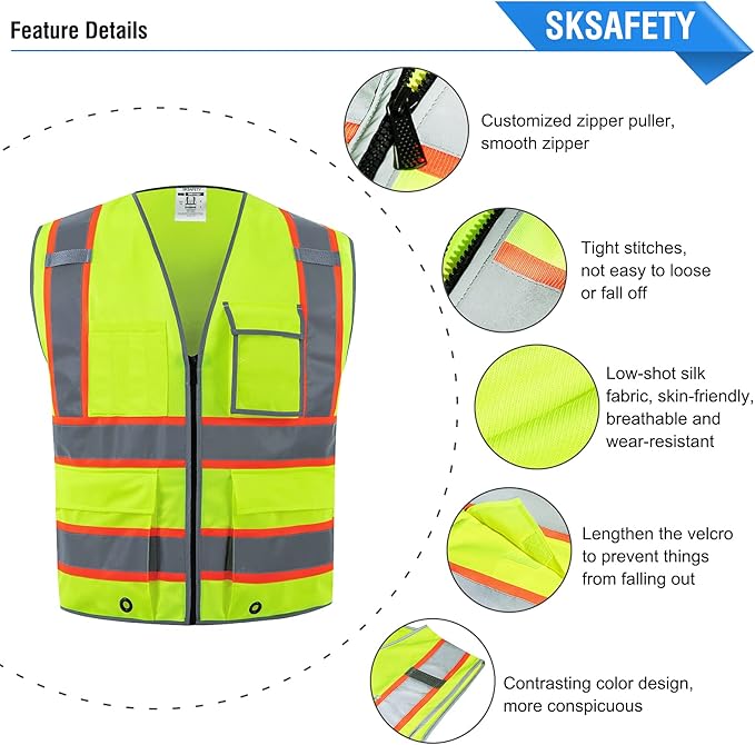 SKSAFETY 10 Pockets Safety Vest, Class 2 High Visibility Security with Zipper, Hi Vis Vest with Reflective Strips, ANSI/ISEA Standard, Construction Work Vest for Men ＆ Women （Lime, 5XL）