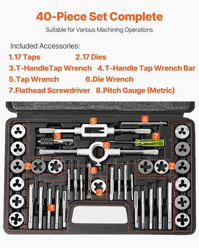 VEVOR 40 pcs Tap and Die Set, Metric Size M3-M12 Rethreading Tapping Tools Kit, Made of Durable Bearing Steel, Includes Full Accessories and Storage Case, for Internal and External Thread Cutting