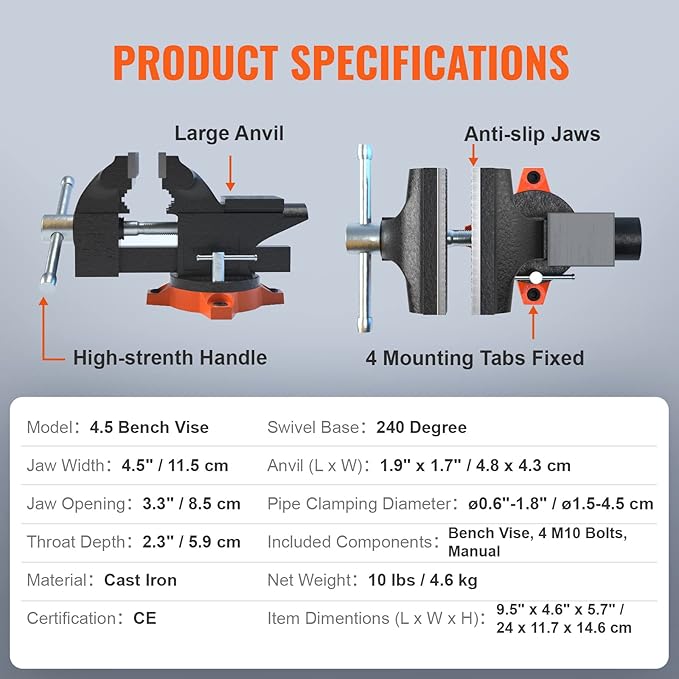 VEVOR Bench Vise, 4.5-inch Jaw Width 3.3-inch Jaw Opening, 240-Degree Swivel Locking Base Multipurpose Vise w/Anvil, Heavy Duty Cast Iron Workbench Vise w/Bolts & Nuts, for Drilling, Pipe Cutting