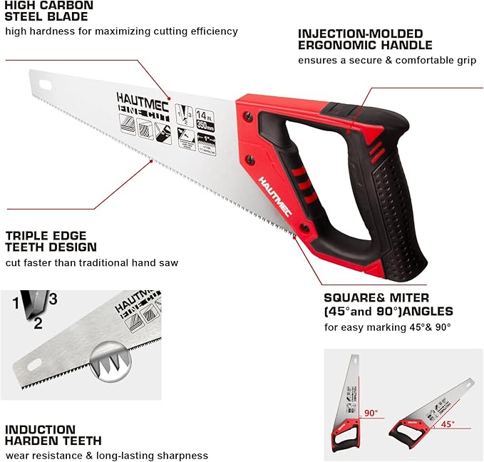HAUTMEC 14-Inch Universal Hand Saw, 11 TPI Fine Cut Wood Saw with Hardened Triple-Ground Teeth and Ergonomic Handle, Pro Handsaw for Wood, Laminate, Plastic, PVC & Branch Cutting – HT0024