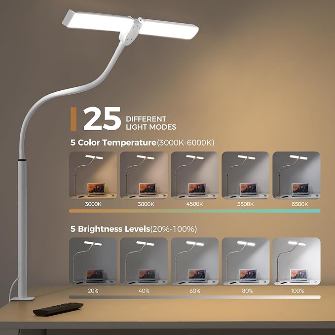 Led Desk Lamp for Home Office, Eye-Care Architect Light with Clamp, Smart Double Head Computer Monitor Table Clip Lamp, Adjustable Flexible Gooseneck, 25 Lighting Models, Task Lamp, White and Sliver