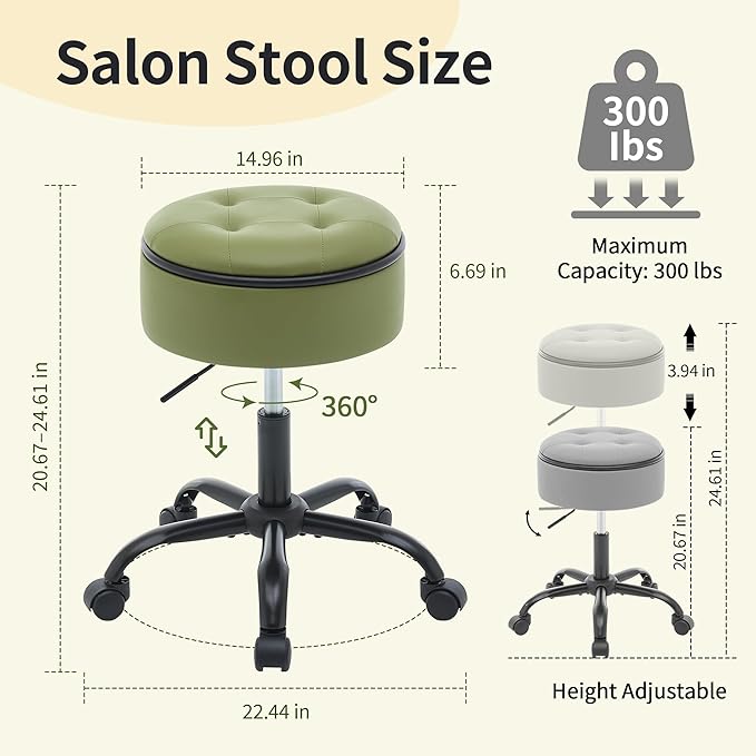 Salon Chair (Stool & Small Table in One) (Teacher Stool Adjustable Height 20.67"-24.61"), Green Vanity Chair with Storage