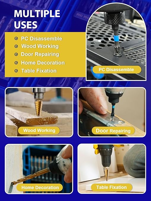 JEFE HEX 30pcs Impact Bit Set, Screwdriver Bit Set 11pcs, Hex Shank Drill Bit Set 16pcs, Step Drill Bit 3pcs, High Speed Steel Materialand Titanium Coating, S2 Alloy Steel Bits with Index Box